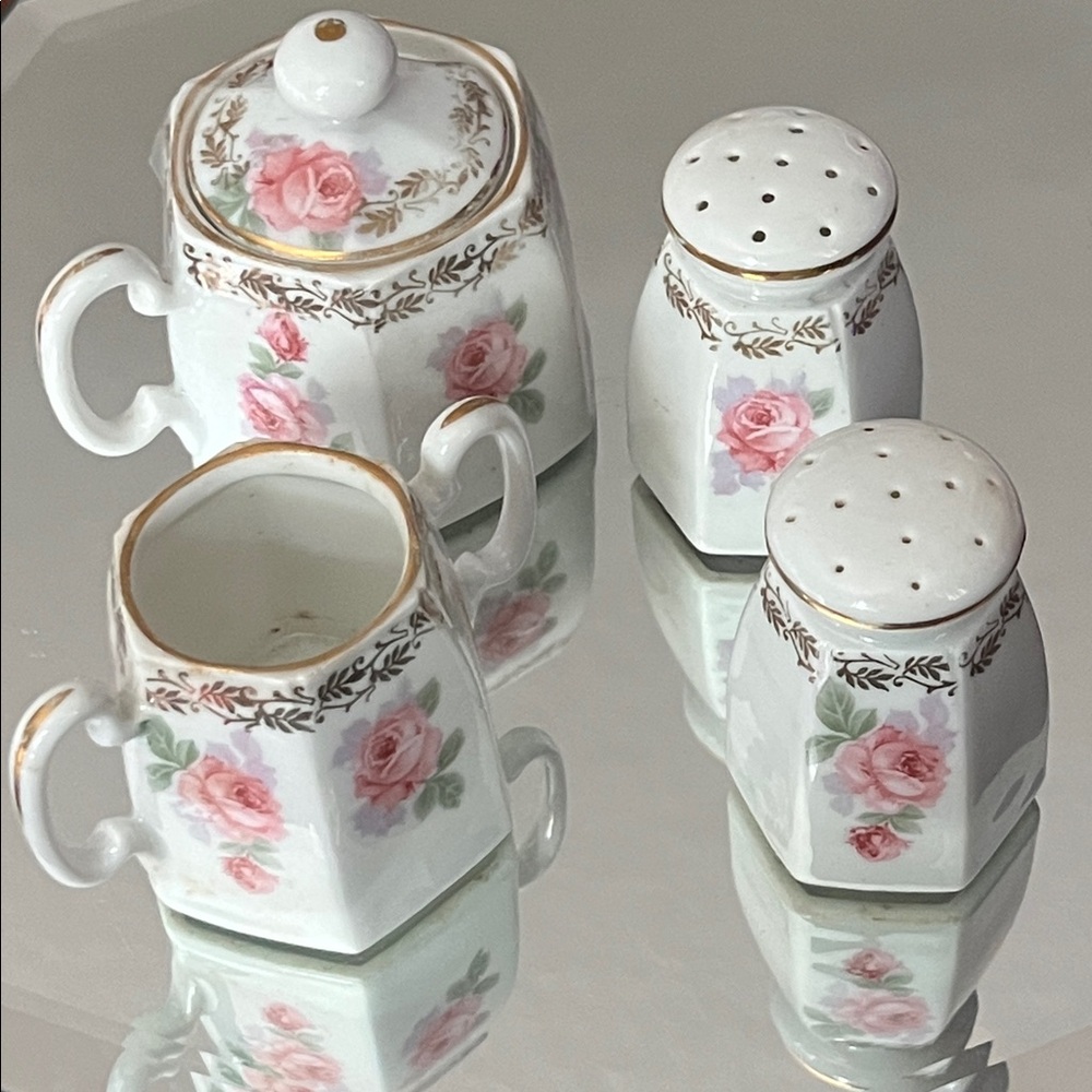 Antique RS Germany Miniature Porcelain Set Early 1900s Roses & Gold Trim